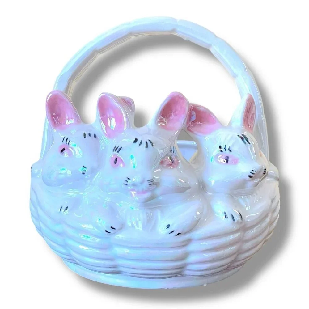 Vintage Atlantic Mold Ceramic Easter Basket Iridescent Bunny Rabbits Candy Dish